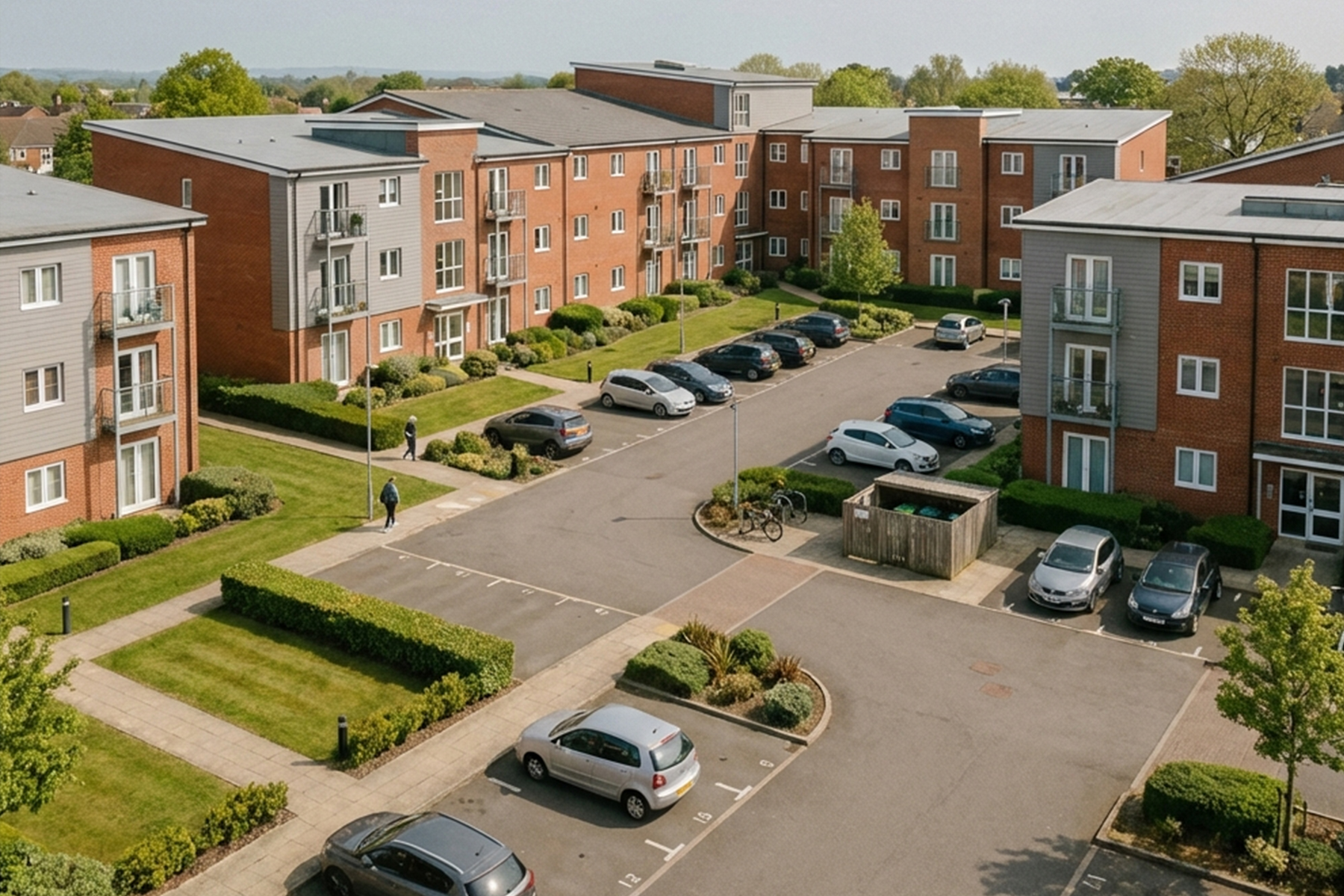 Residential estate with red and grey brick apartment blocks