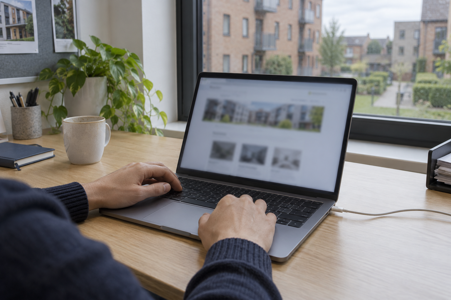 Person using a laptop at an office desk beside a window overlooking residential buildings.