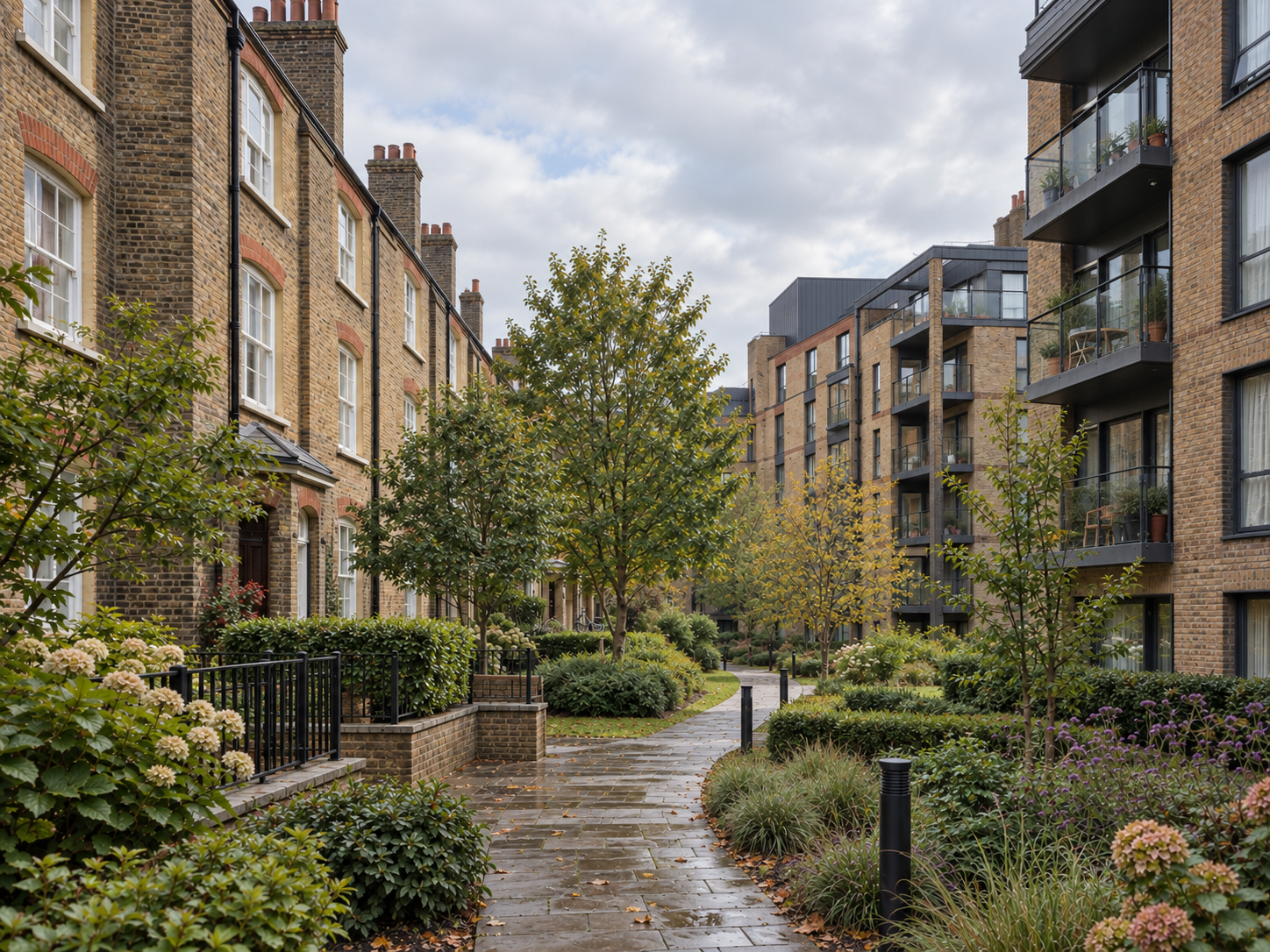 Traditional brick homes and modern apartments surrounding a landscaped residential courtyard on a cloudy September day.