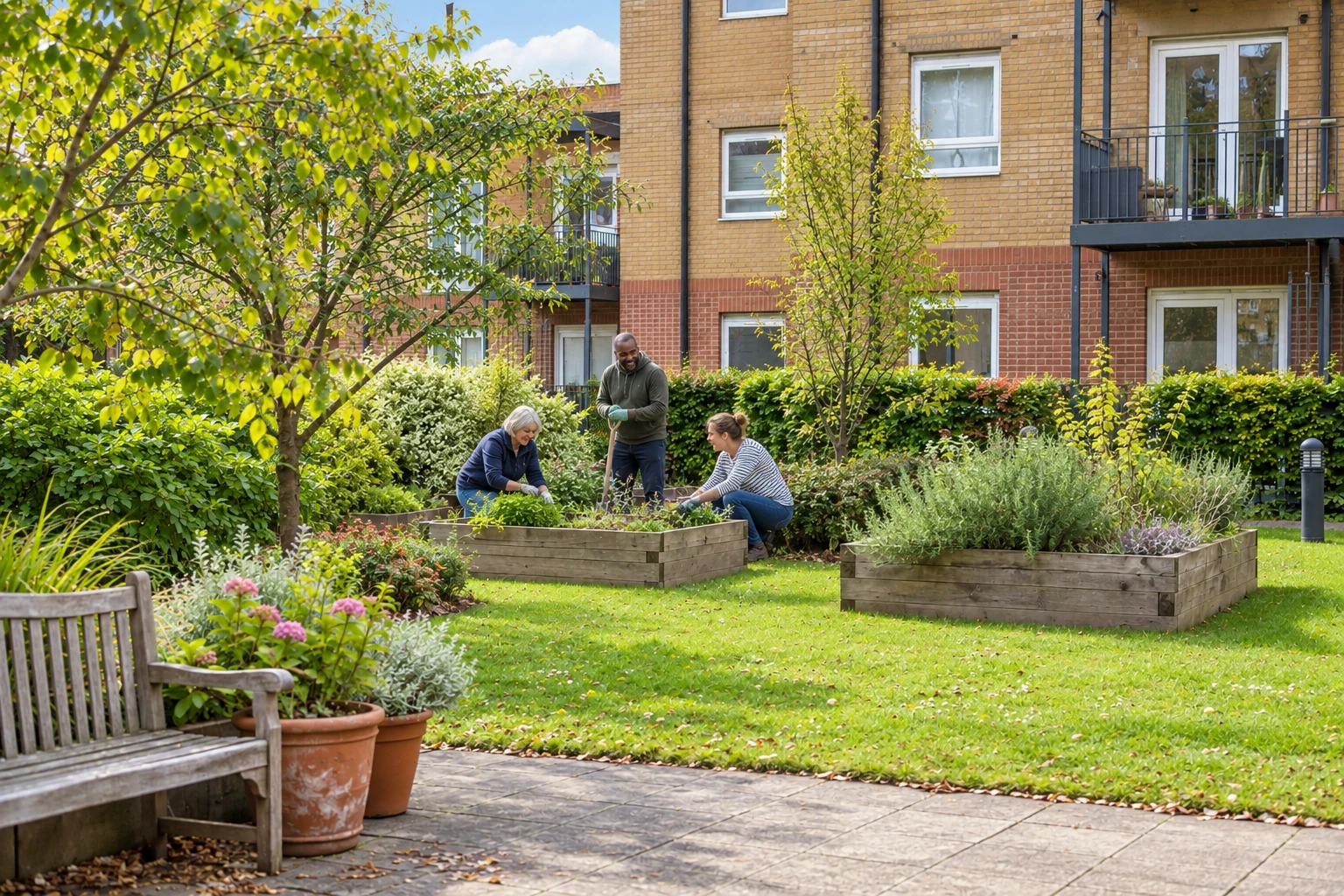 Three adults tending a shared garden beside residential buildings.