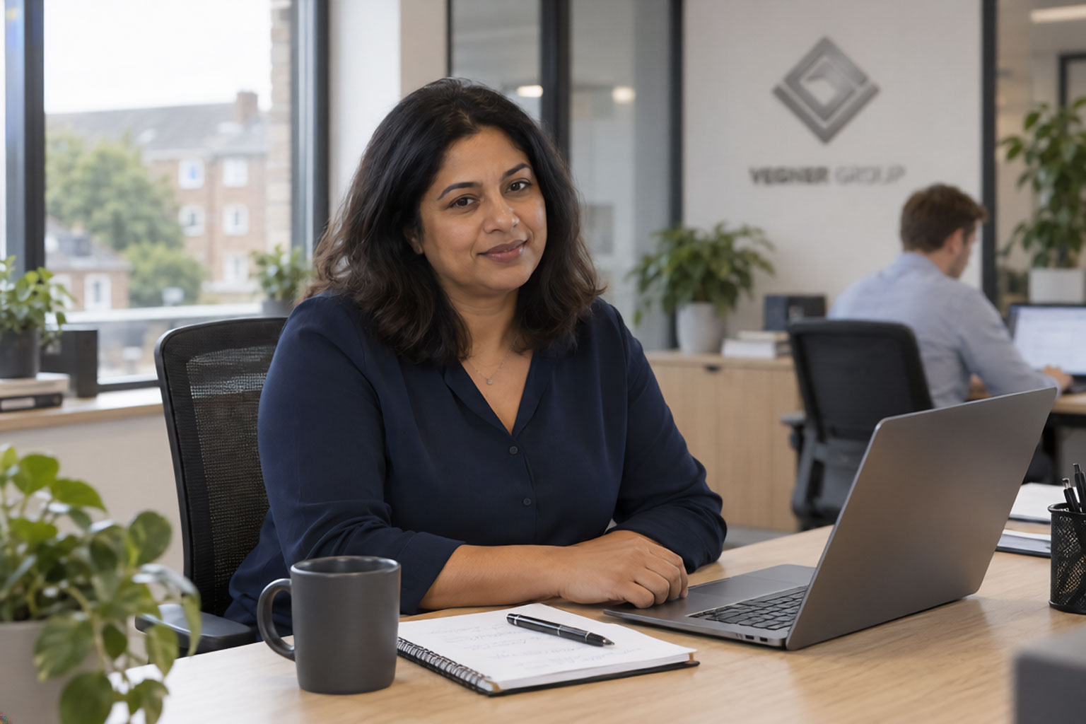Woman smiling at the camera from a desk with a laptop in a modern office.