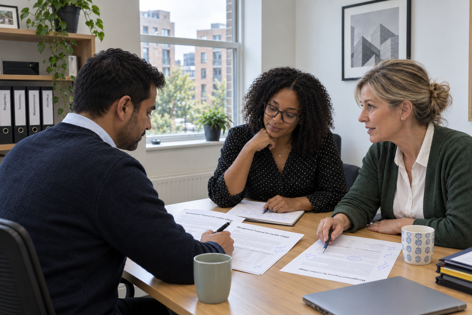 Three people discussing a property management proposal around an office table.